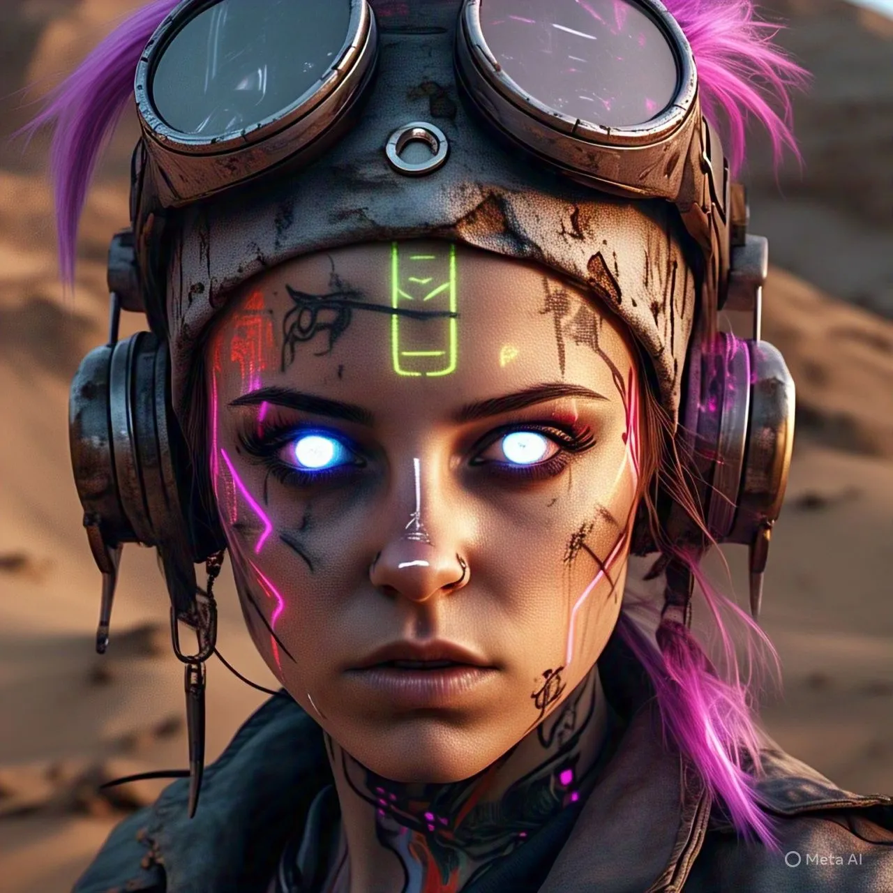Ảnh tĩnh chân dung người phụ nữ cyberpunk với hình xăm neon và mắt phát sáng