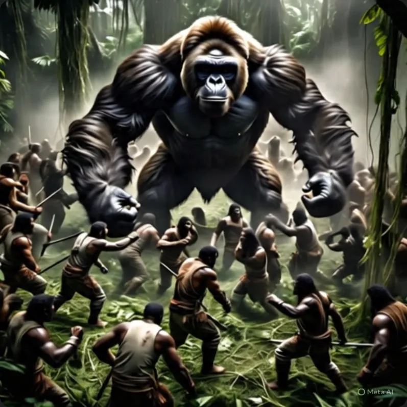 Ảnh tĩnh trận chiến giả tưởng 100 người đàn ông cầm giáo đối đầu gorilla khổng lồ