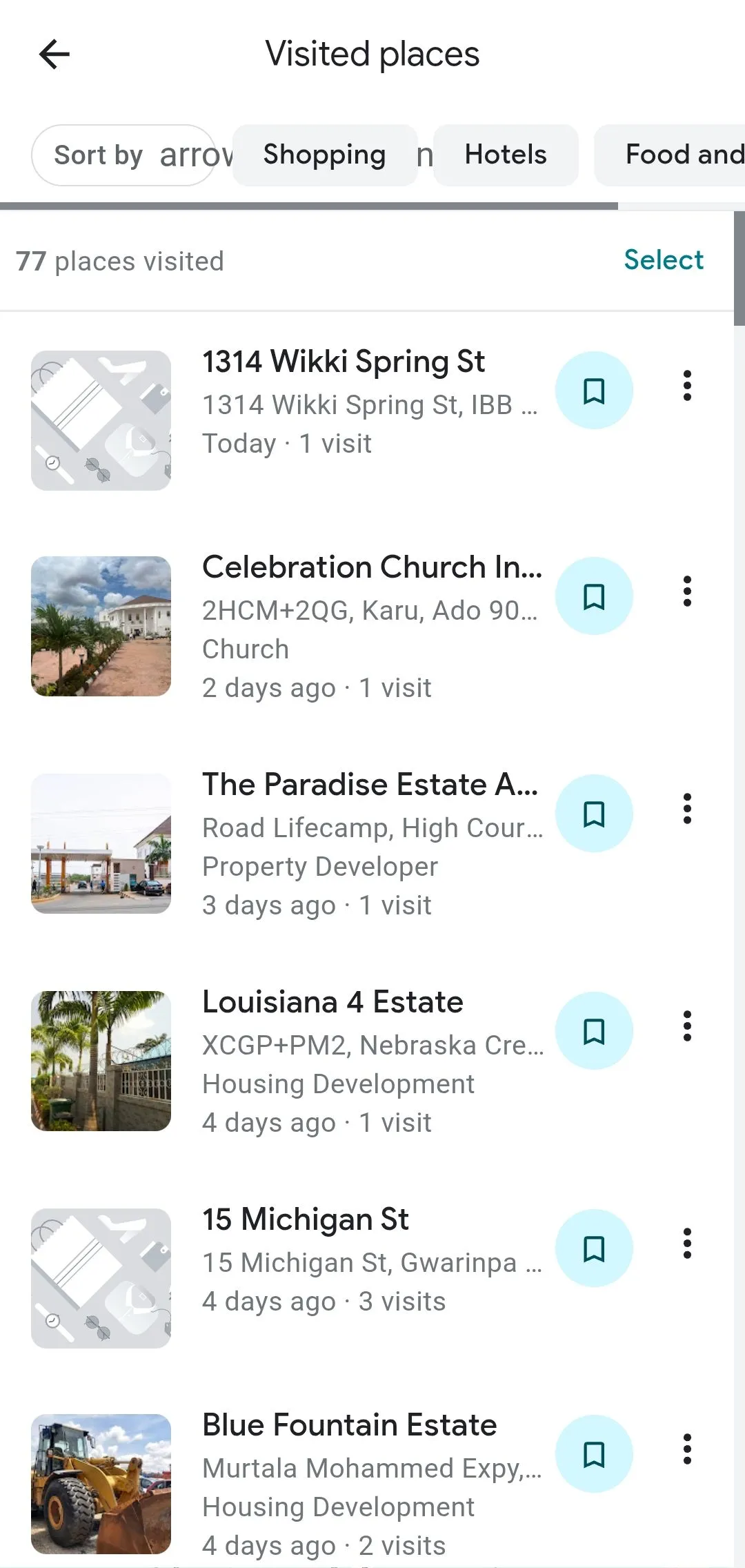 Bản đồ Google Maps hiển thị các địa điểm đã ghé thăm được ghi lại trên Dòng thời gian của người dùng.