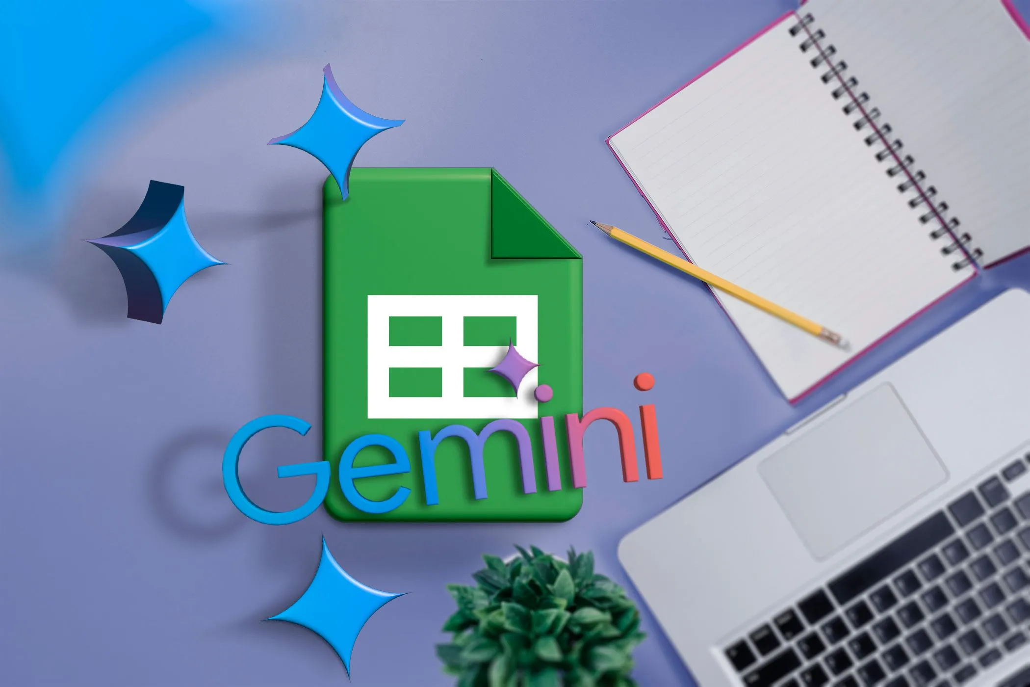 Bàn làm việc với logo Google Sheets và Gemini, tượng trưng cho sự tích hợp AI vào công cụ năng suất