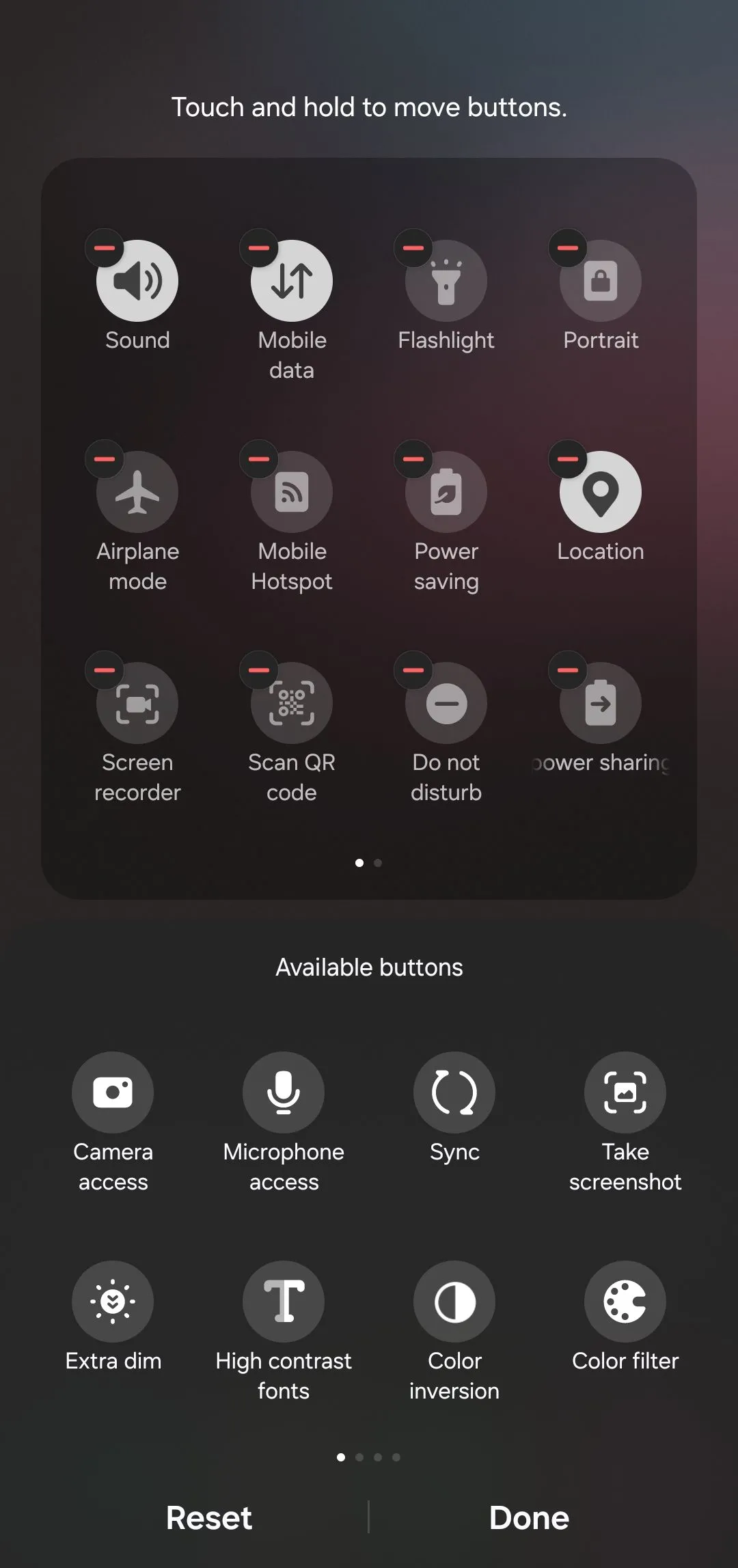 Bảng cài đặt nhanh ở chế độ chỉnh sửa trên Android, cho phép người dùng thêm và sắp xếp lại các phím tắt