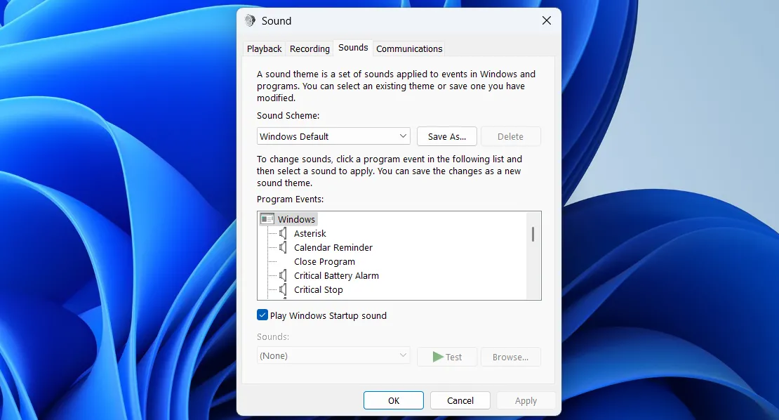 Bảng điều khiển cài đặt âm thanh cổ điển trong Windows 11