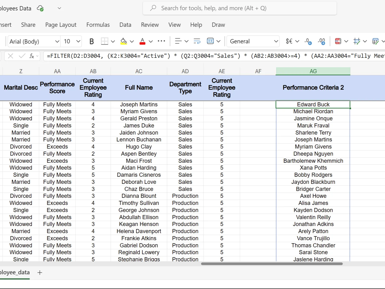 Bảng tính Excel hiển thị danh sách nhân viên đang hoạt động trong phòng Sales với tiêu chí hiệu suất, được lọc bằng hàm FILTER kết hợp AND.