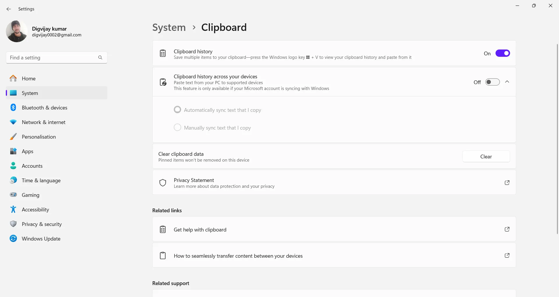 Bật lịch sử Clipboard trong menu Cài đặt trên Windows