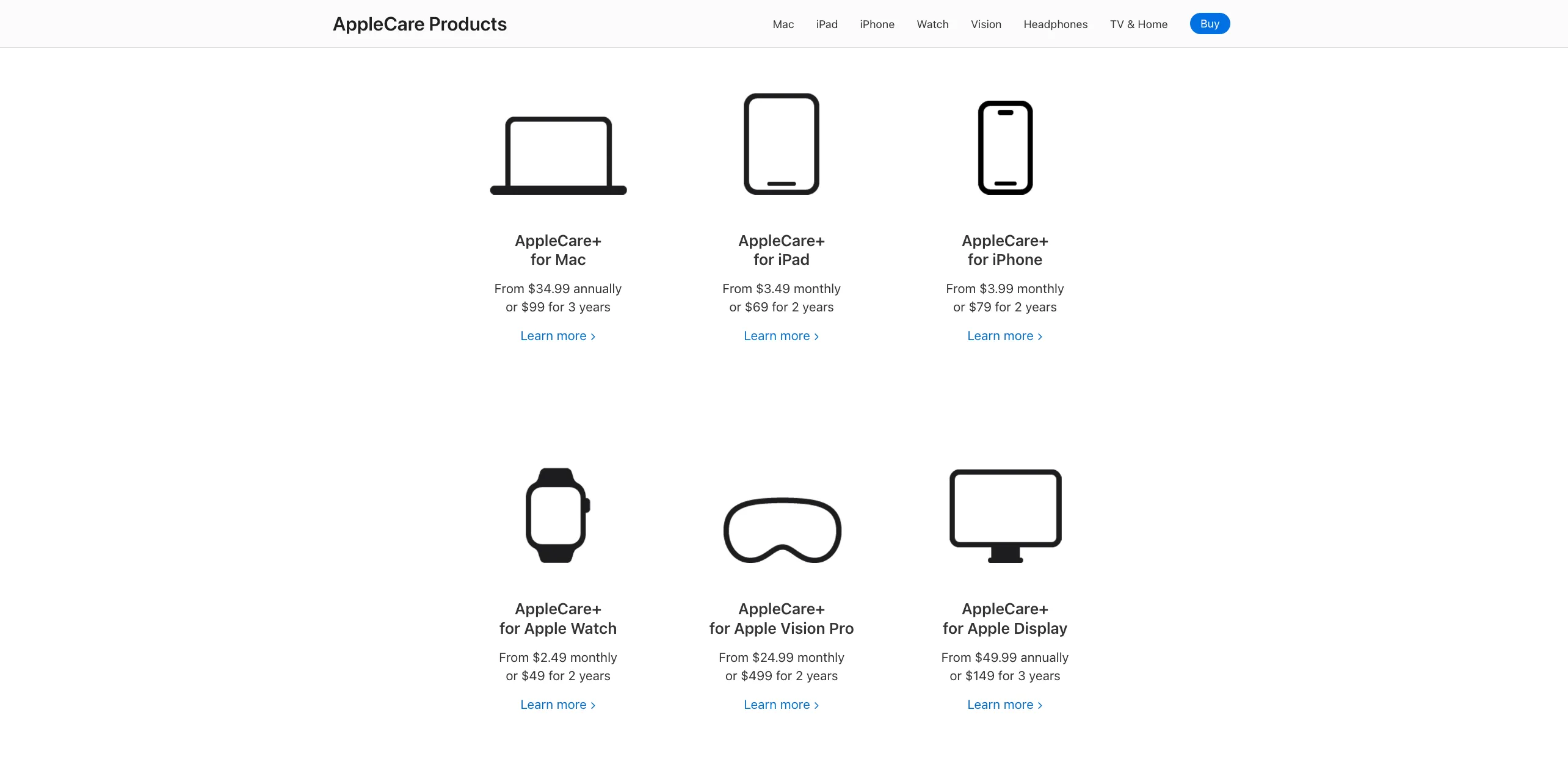 Biểu đồ so sánh giá và quyền lợi AppleCare+ cho các dòng sản phẩm Apple
