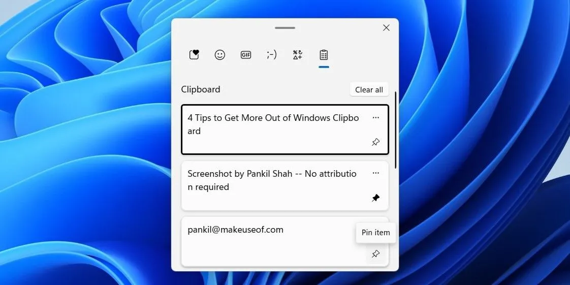 Biểu tượng ghim mục trên lịch sử Clipboard Windows 11 giúp lưu trữ vĩnh viễn