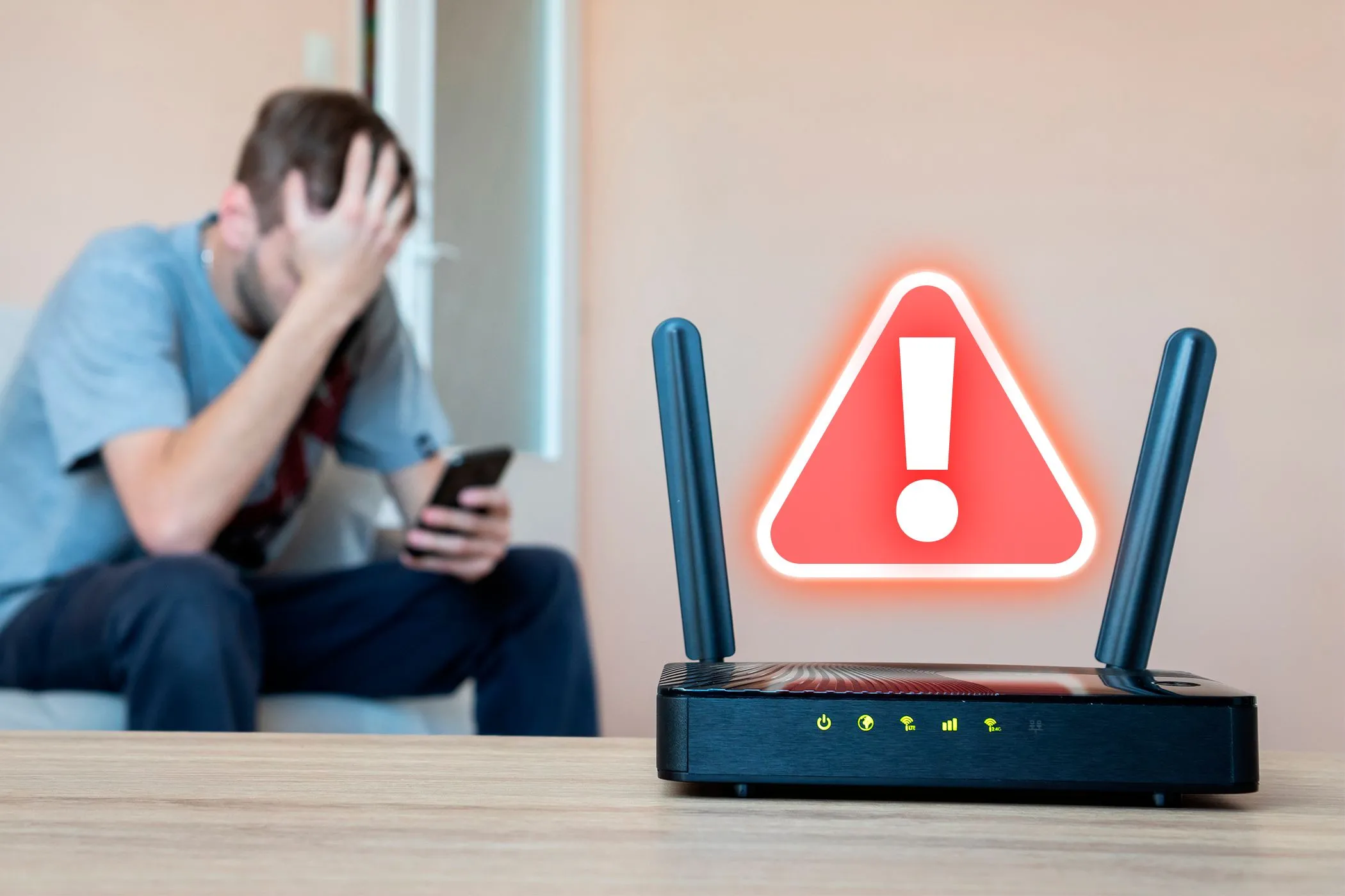 Bộ định tuyến Wi-Fi báo lỗi với người dùng thất vọng, minh họa vấn đề kết nối mạng không dây