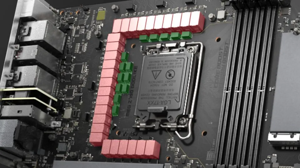 Bo mạch chủ MSI MEG Z790 với các VRM được đánh dấu màu đỏ, thể hiện khu vực cấp nguồn cho CPU