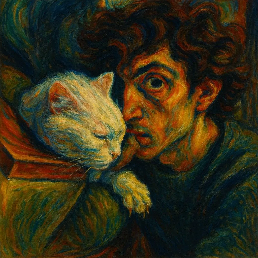 Bức tranh biểu hiện Expressionism của người đàn ông và mèo trắng