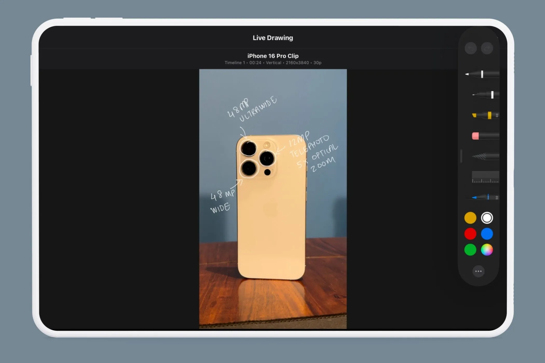 Các công cụ vẽ đa dạng trong menu Live Drawing của Final Cut Pro iPad, từ bút chì đến màu nước