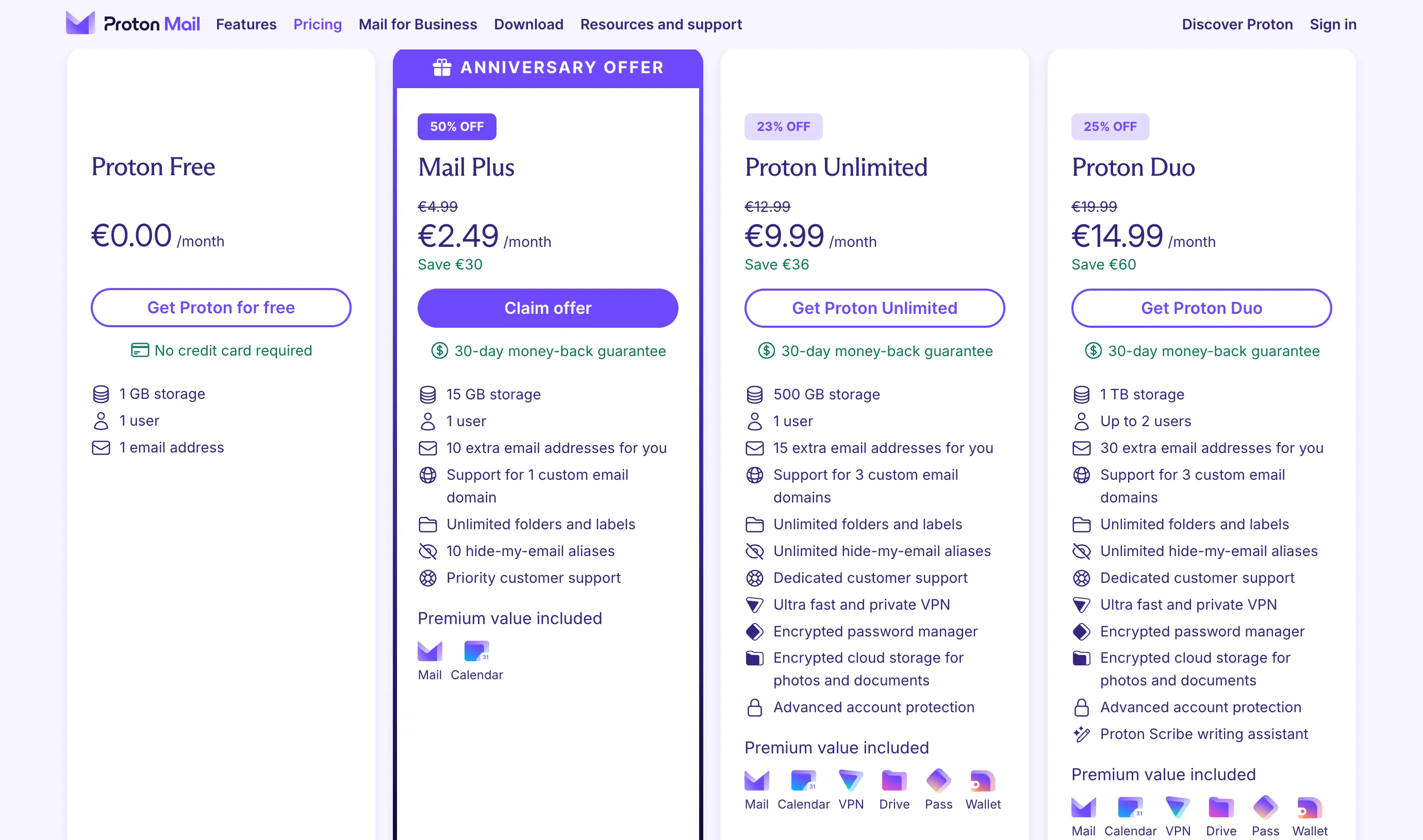 Các gói dịch vụ ProtonMail bao gồm Proton VPN và nhiều tiện ích khác, ví dụ điển hình về việc mua VPN theo gói combo.