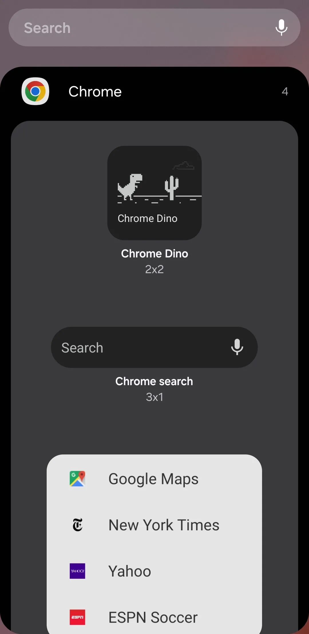 Các phím tắt và tùy chọn tìm kiếm của widget Chrome trên điện thoại Android