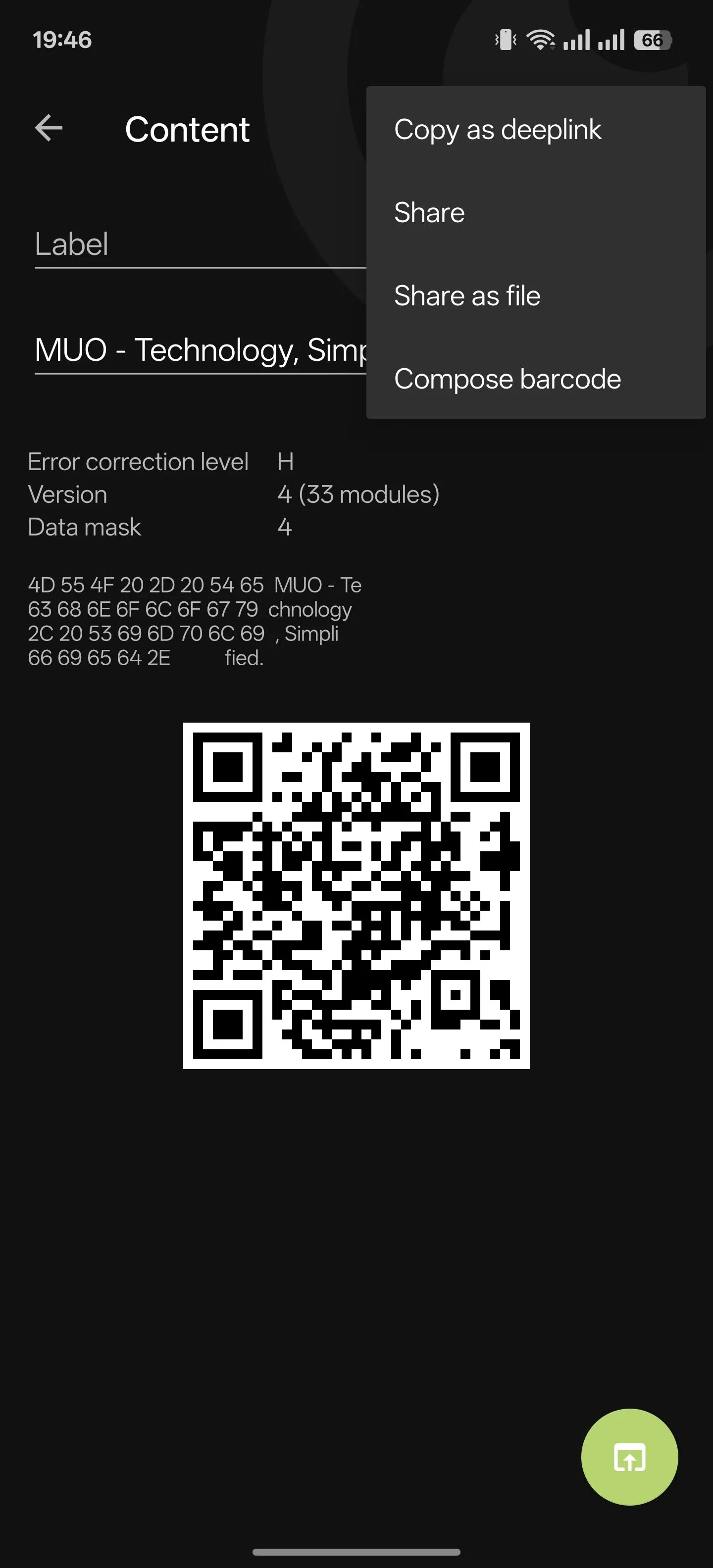 Các tùy chọn hành động cho mã QR đã quét trong ứng dụng BinaryEye Android, bao gồm sao chép, chia sẻ và mở nội dung.