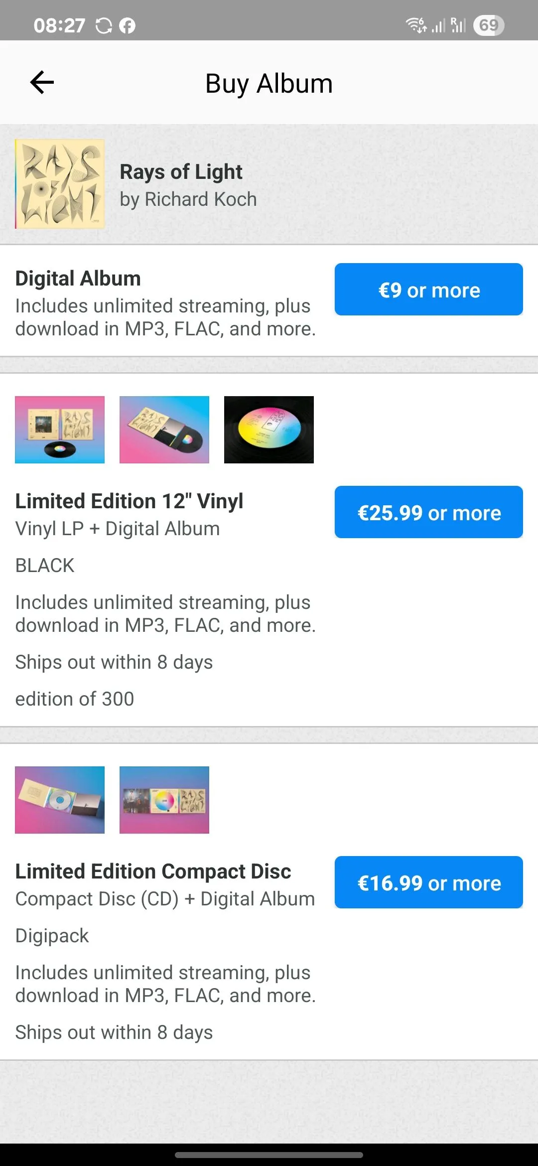 Các tùy chọn mua nhạc trực tiếp từ ứng dụng Bandcamp, thể hiện sự kết nối trực tiếp giữa người hâm mộ và nghệ sĩ mà không qua trung gian.