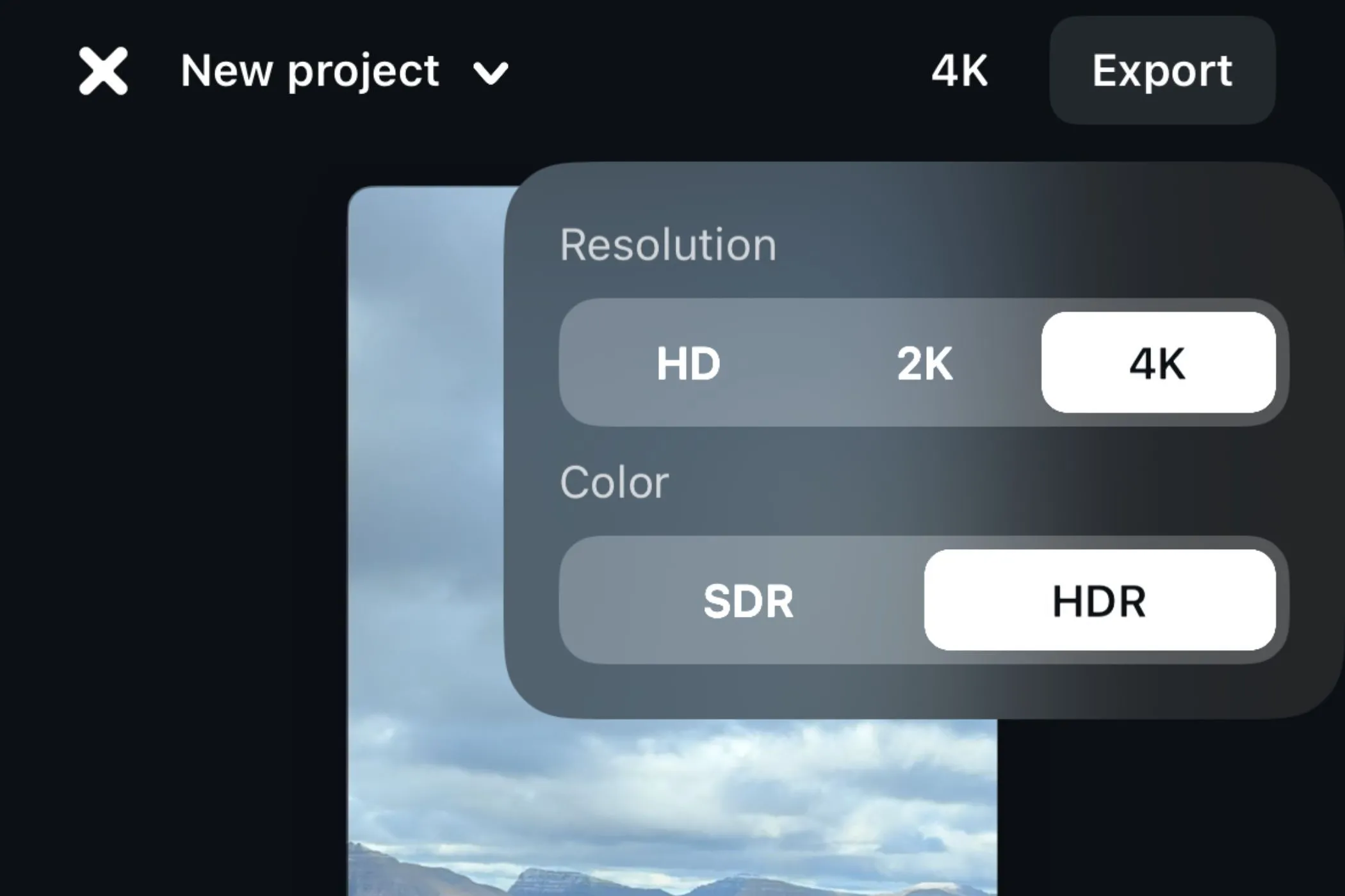 Các tùy chọn xuất video trong Instagram Edits, cho phép người dùng lựa chọn độ phân giải (HD, 2K, 4K) và dải màu (HDR/SDR) để tối ưu chất lượng.