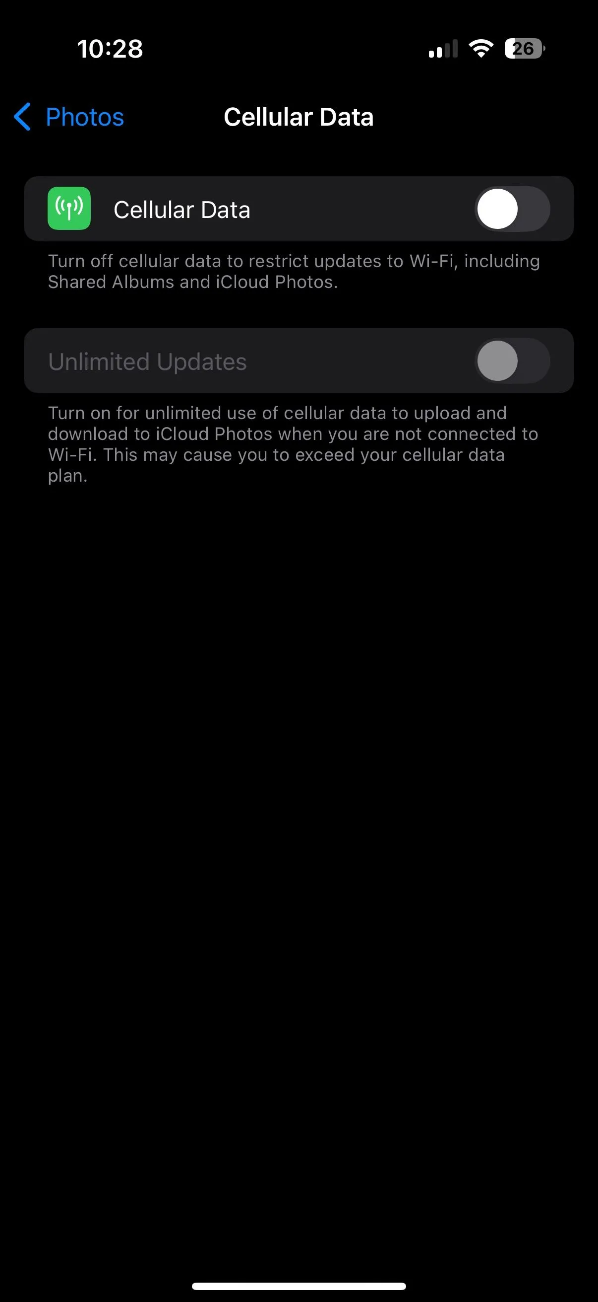 Cài đặt ảnh iCloud trên iPhone, hiển thị tùy chọn tắt sử dụng dữ liệu di động để đồng bộ ảnh.