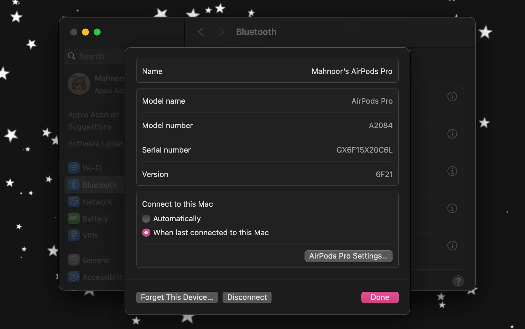 Cài đặt Bluetooth của AirPods trong macOS, nơi người dùng có thể tìm thấy số model và các thông tin chi tiết khác về tai nghe.