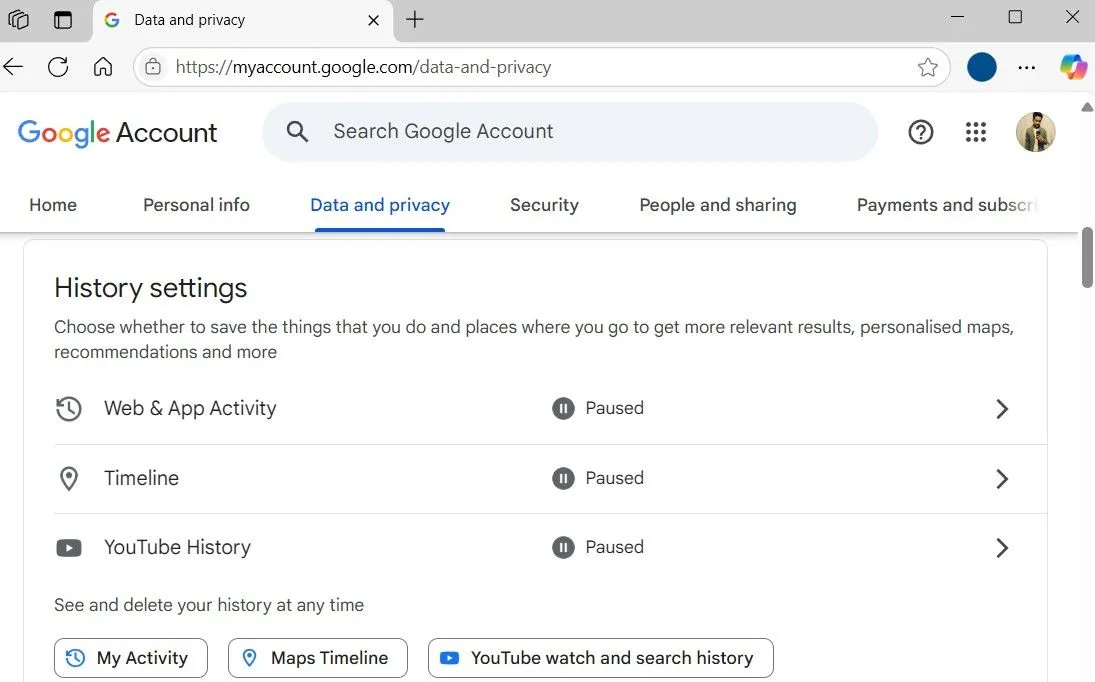 Cài đặt lịch sử tài khoản Google trên trình duyệt