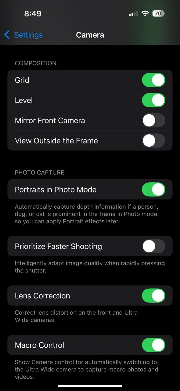Cài đặt lưới bố cục theo quy tắc một phần ba trên ứng dụng camera iOS