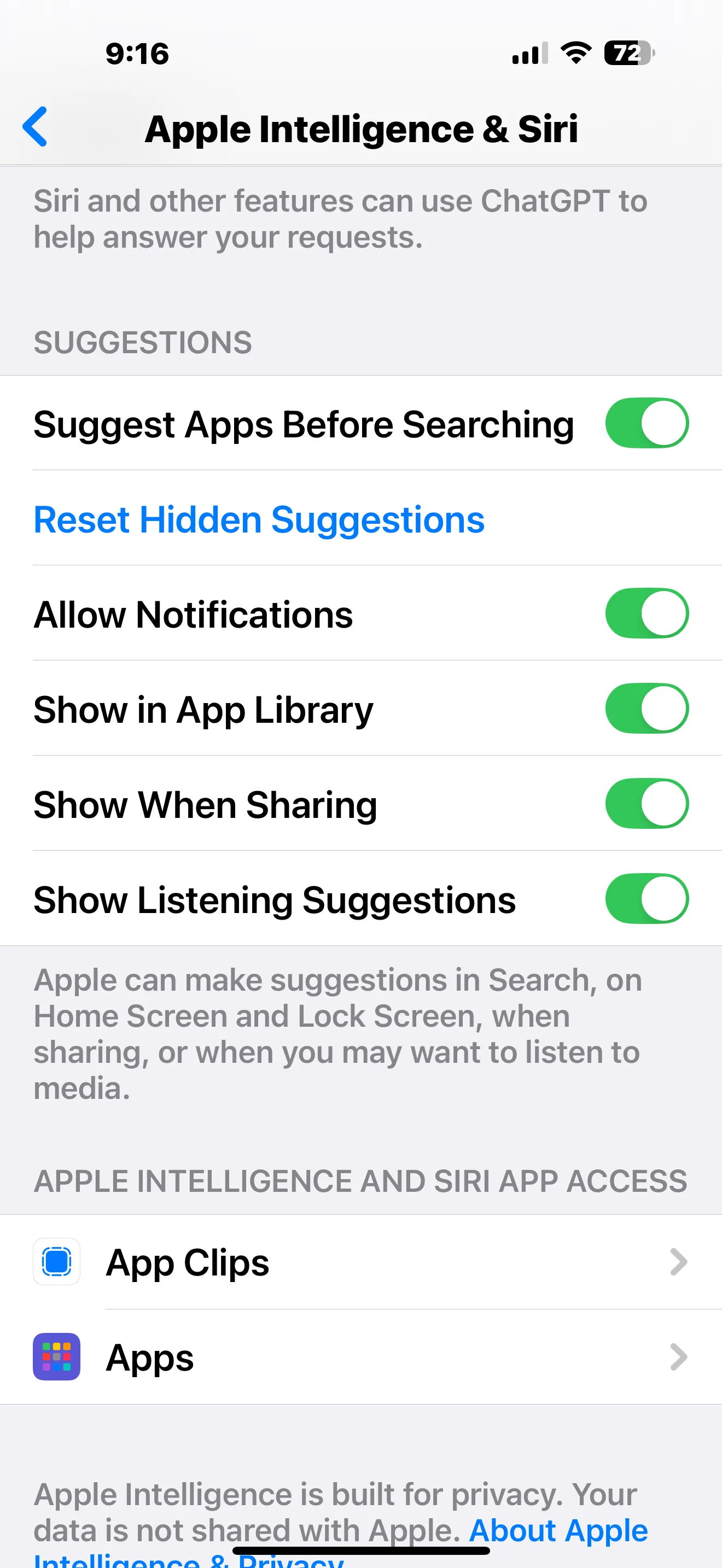 Cài đặt quyền truy cập ứng dụng của Apple Intelligence, cho phép người dùng kiểm soát AI học hỏi từ từng ứng dụng cụ thể