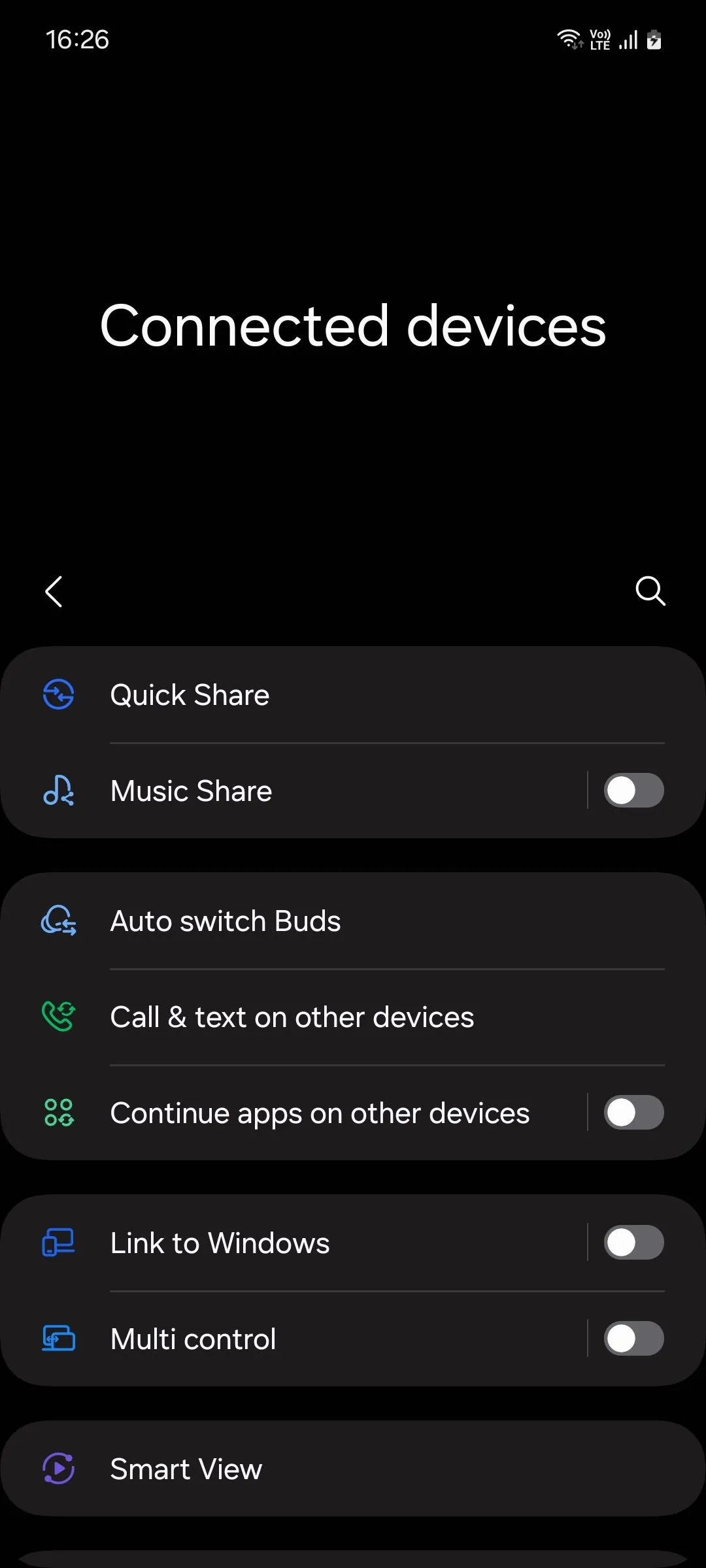 Cài đặt thiết bị được kết nối trên Samsung One UI 6.1, cho phép bật hoặc tắt Continuity Service