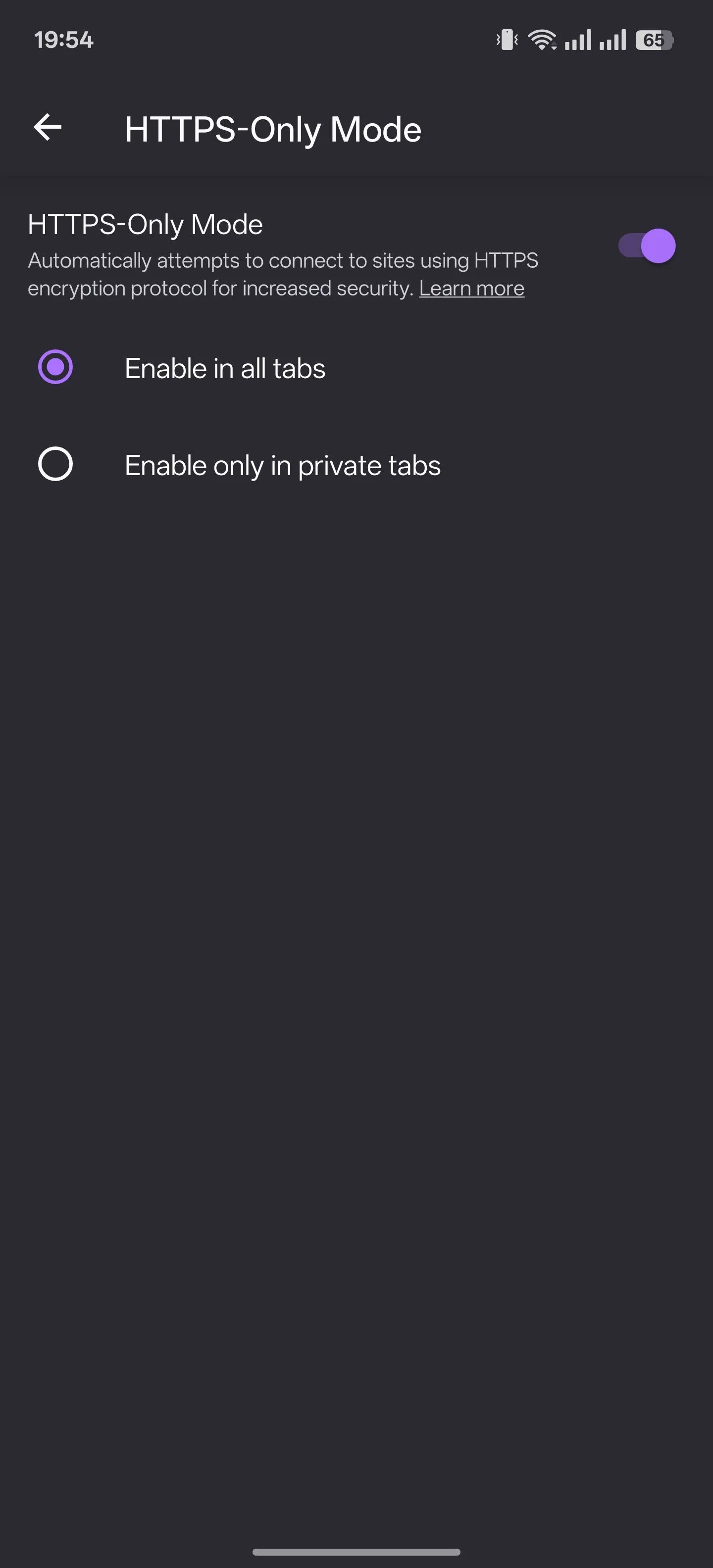 Cài đặt tính năng Chế độ HTTPS-Only trong trình duyệt Firefox trên Android, giúp tăng cường bảo mật duyệt web.