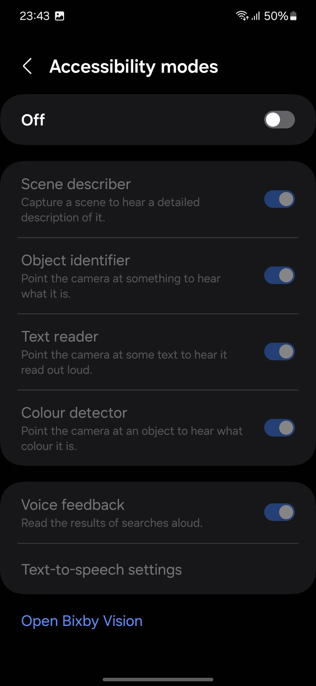 Cài đặt Trợ năng hiển thị tùy chọn bật Bixby Vision cho các chế độ hỗ trợ, giúp kích hoạt tính năng nhận diện vật thể trên Samsung Galaxy.
