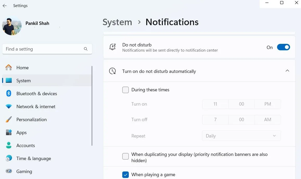 Cài đặt tự động bật chế độ Không làm phiền trên Windows 11
