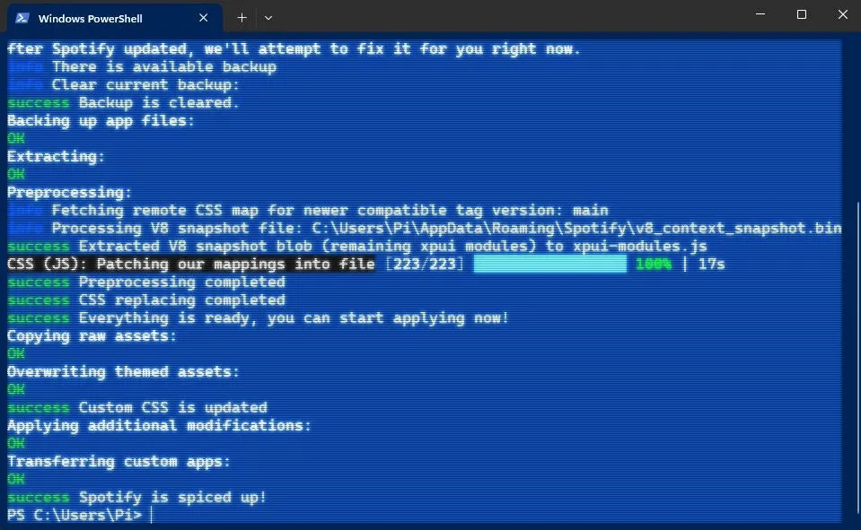 Cập nhật Spicetify thông qua cửa sổ PowerShell trên Windows.