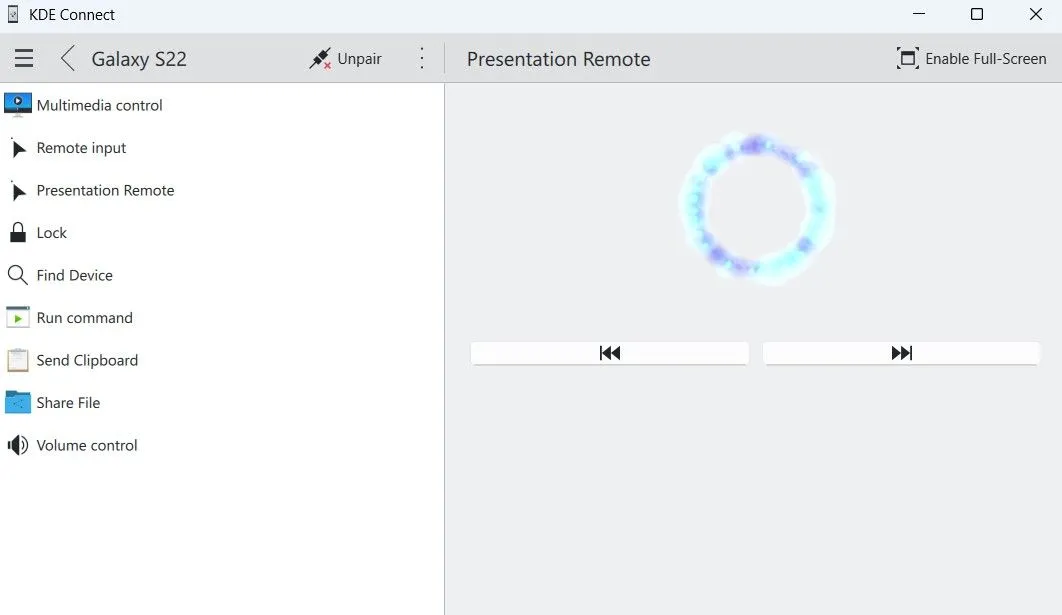 Chế độ điều khiển thuyết trình của KDE Connect hiển thị trên Windows