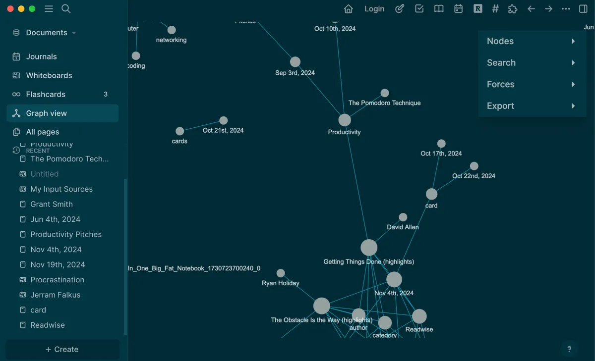 Chế độ xem đồ thị (Graph View) trong Logseq, thể hiện các kết nối giữa các ghi chú về năng suất.
