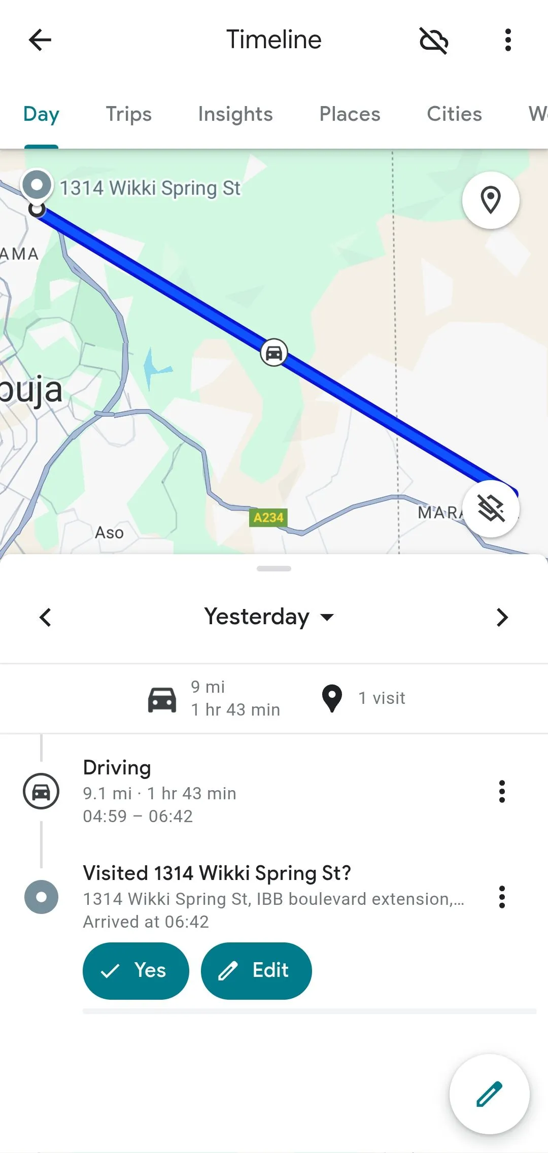 Chi tiết bản ghi Dòng thời gian trên Google Maps, cho thấy lịch sử di chuyển và phương tiện vận chuyển được Google nhận diện.