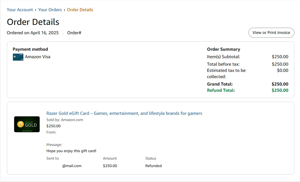 Chi tiết đơn hàng thẻ quà tặng Razer Gold lừa đảo trên Amazon