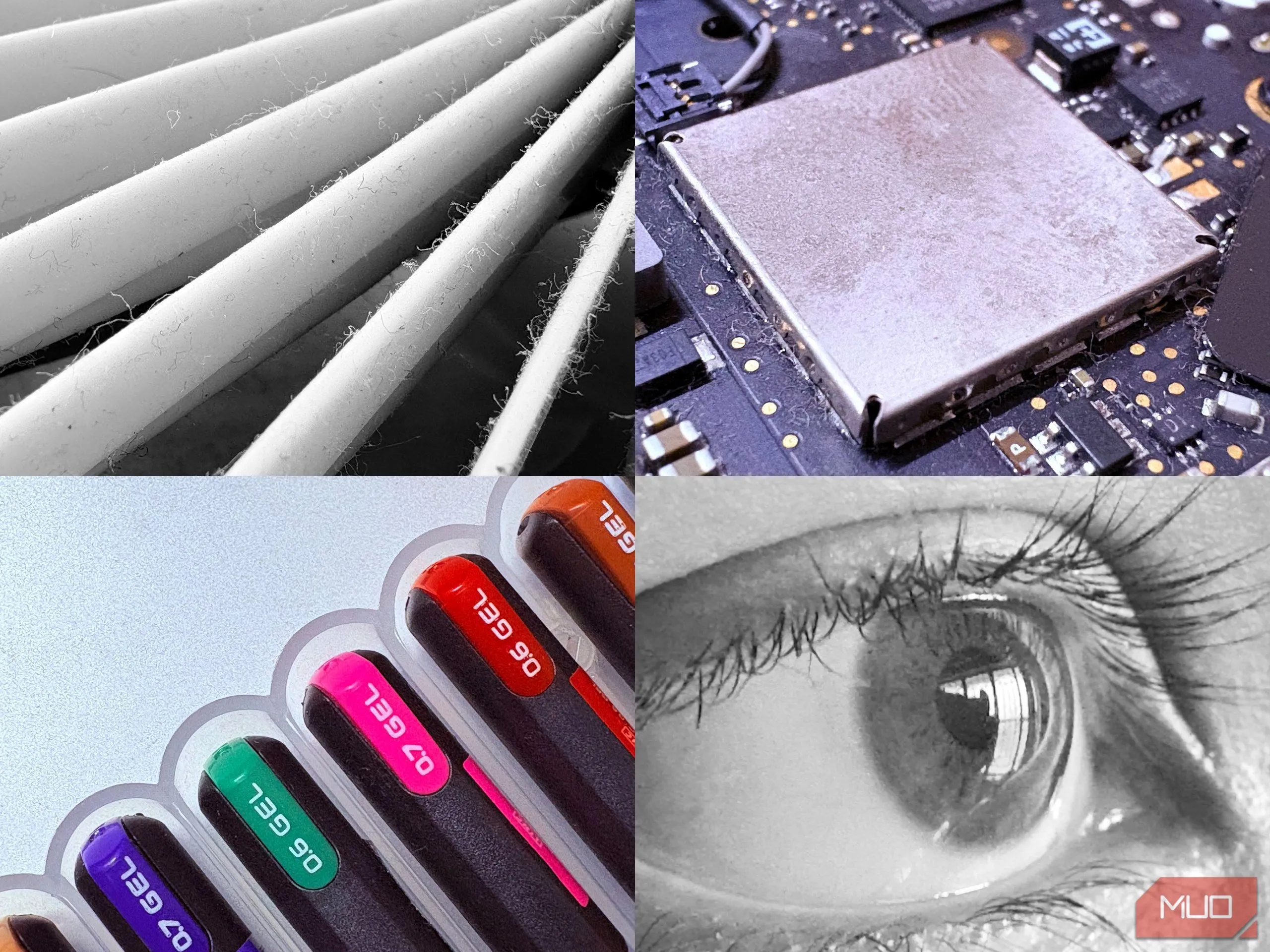 Chi tiết macro của vật dụng gia đình như ốc vít, bút chì trên iPhone 16