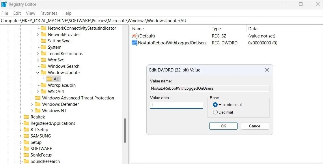 Chỉnh sửa giá trị DWORD để ngăn khởi động lại tự động trong Registry Editor của Windows