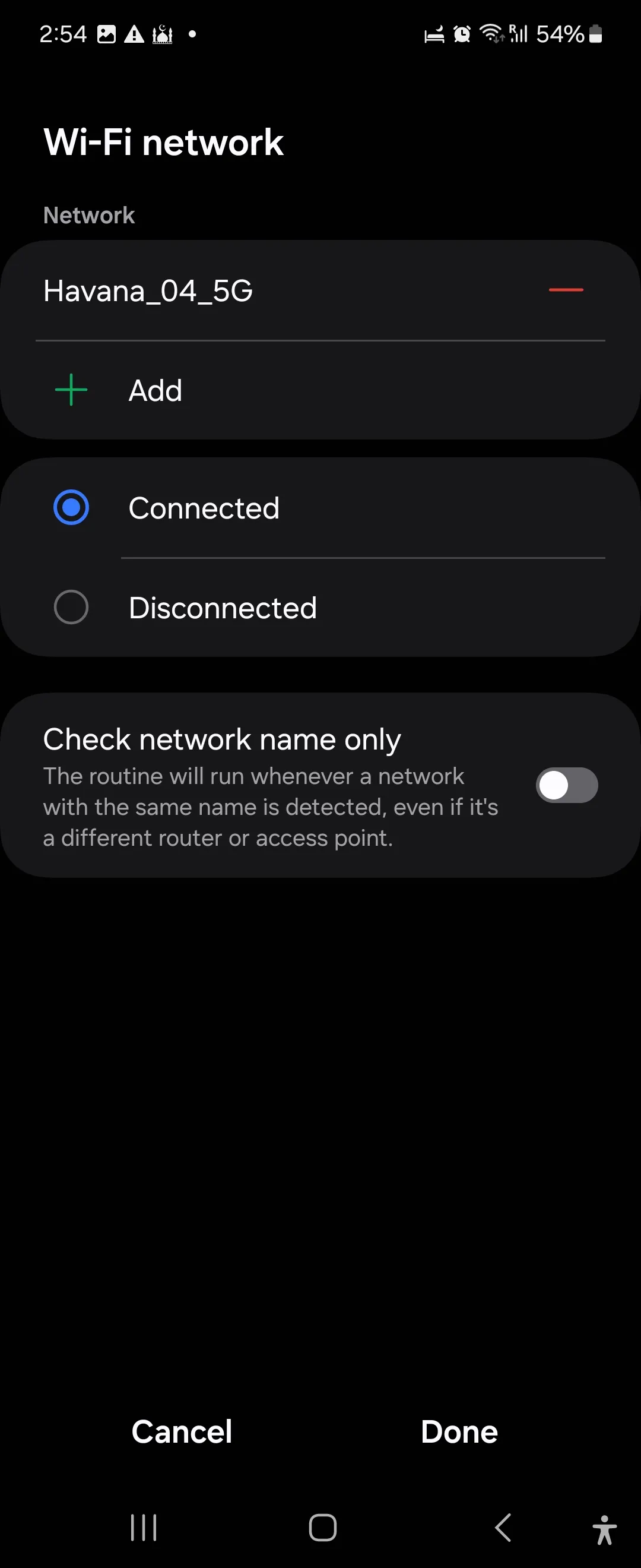 Chọn mạng Wi-Fi để kích hoạt quy trình thay đổi màn hình khóa trong ứng dụng Samsung Chế độ và Quy trình