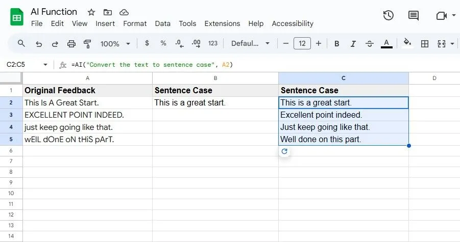 Chuyển đổi văn bản sang dạng câu bằng hàm AI() và Autofill trong Google Sheets