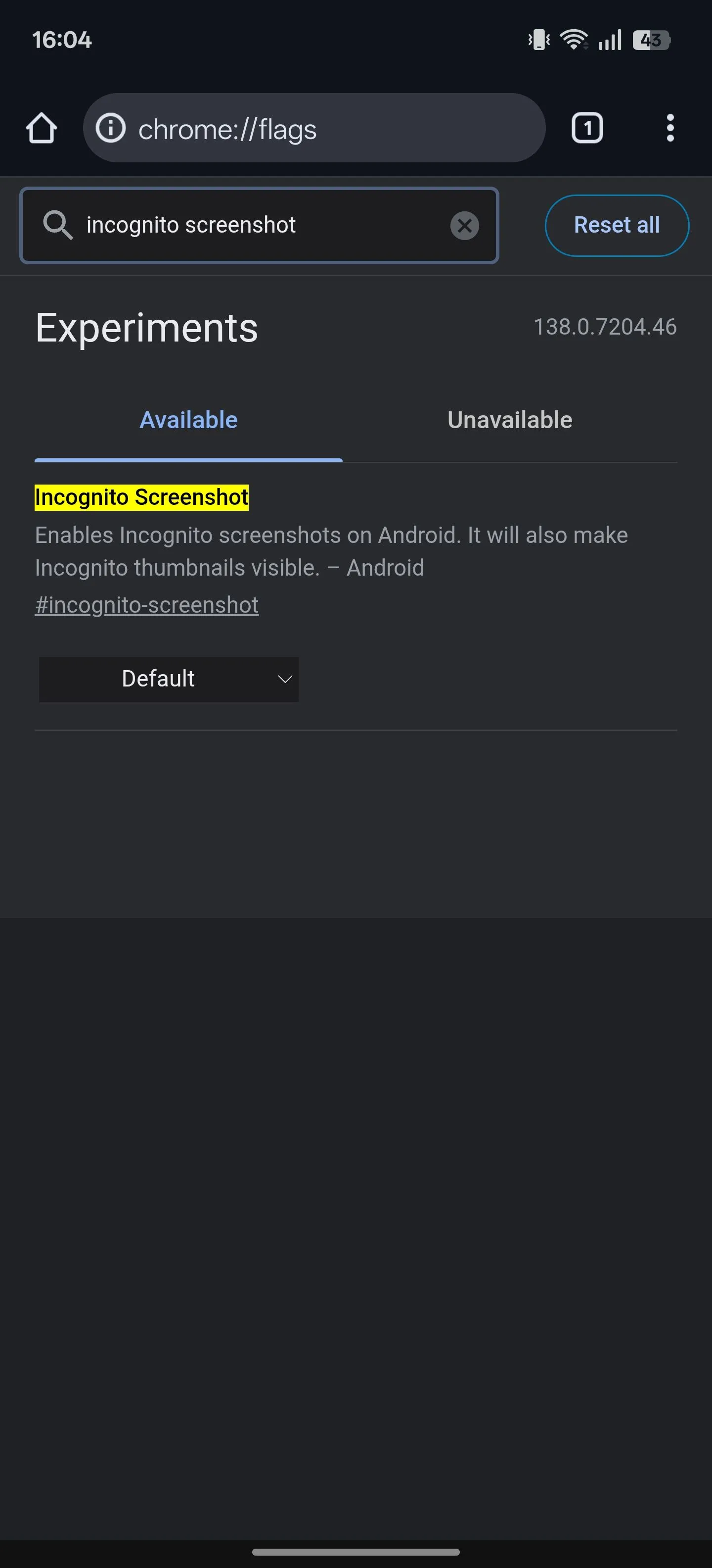 Cờ (flag) &quot;Incognito Screenshot&quot; cho phép chụp ảnh màn hình ở chế độ ẩn danh trong Chrome.