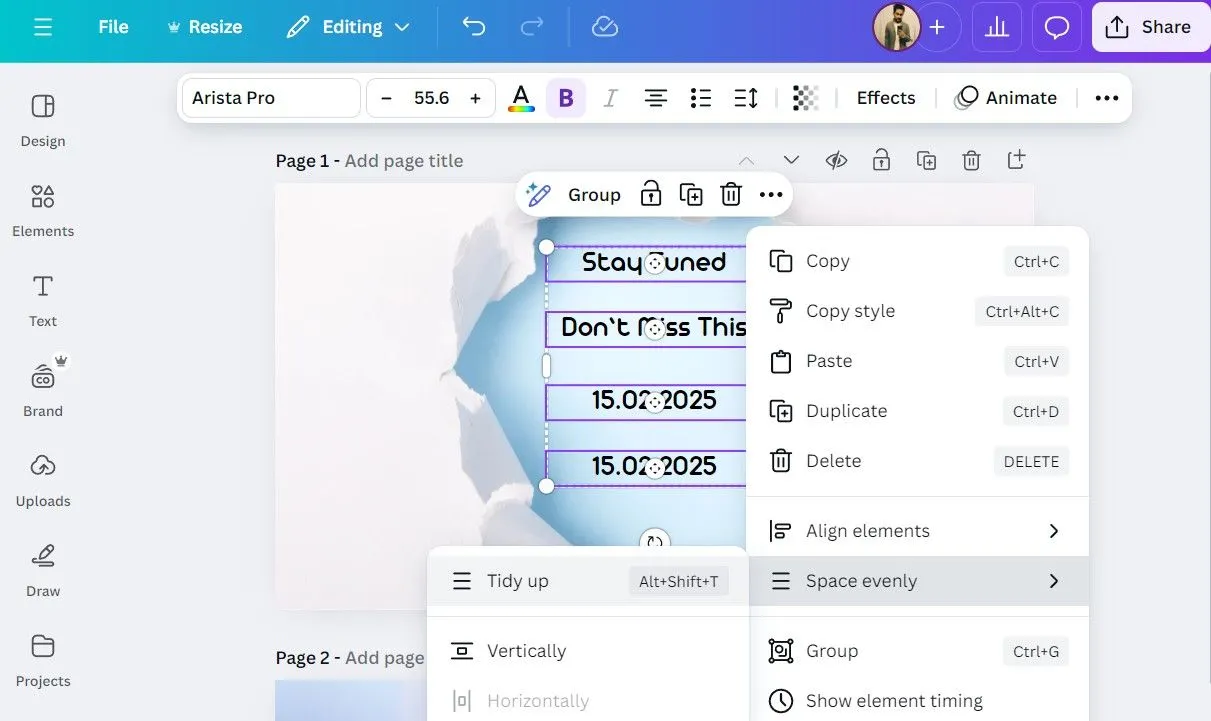 Công cụ 'Tidy Up' trong ứng dụng Canva trên máy tính giúp sắp xếp và căn chỉnh các yếu tố thiết kế gọn gàng.