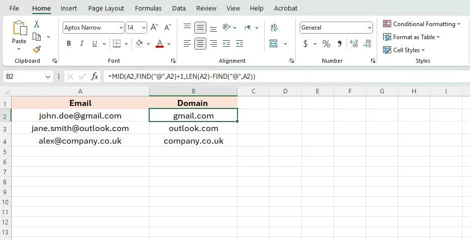 Công thức trích xuất tên miền email trong Excel