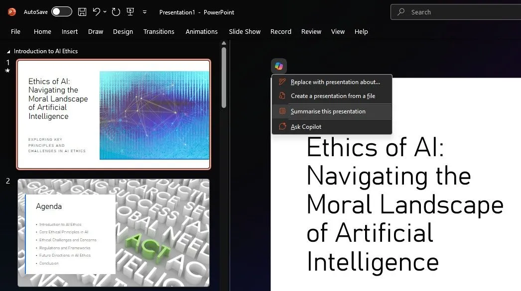 Copilot tóm tắt bản trình bày trong PowerPoint