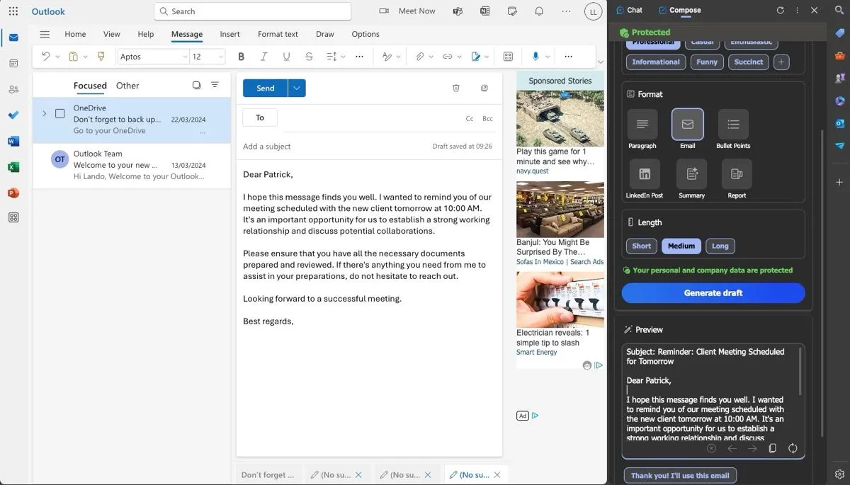 Copilot trong trình duyệt Edge tạo bản nháp email theo dõi