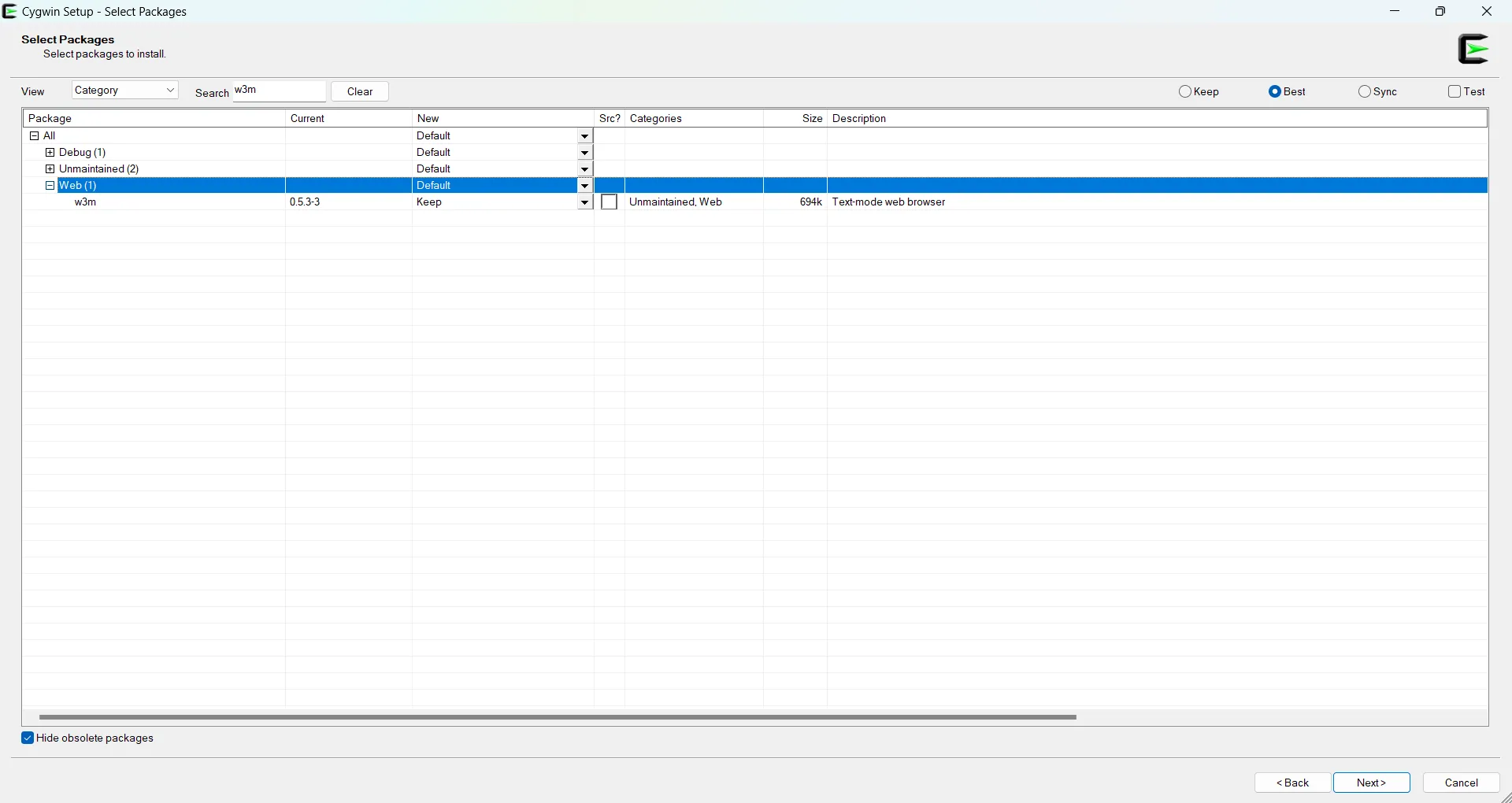 Cửa sổ lựa chọn gói cài đặt Cygwin, tìm kiếm và chọn gói w3m