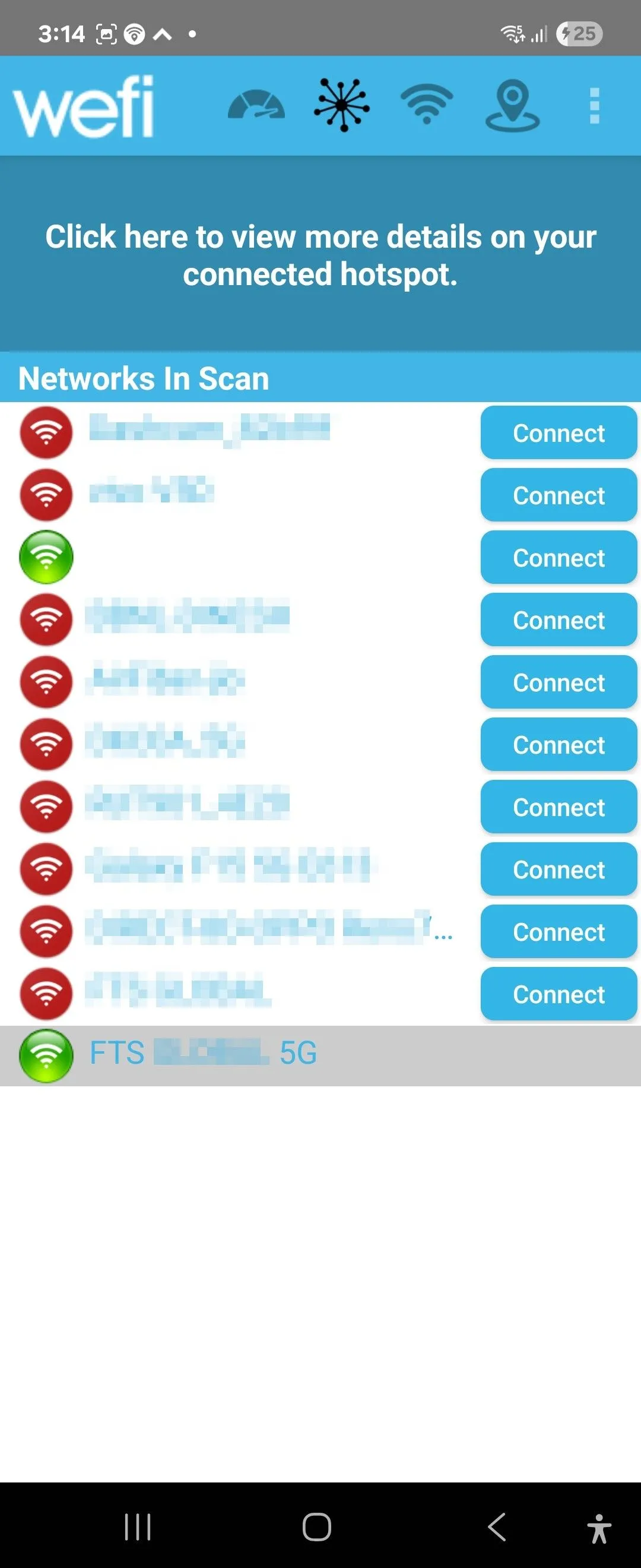 Danh sách các điểm Wi-Fi khả dụng hiển thị trong ứng dụng WeFi trên thiết bị Android