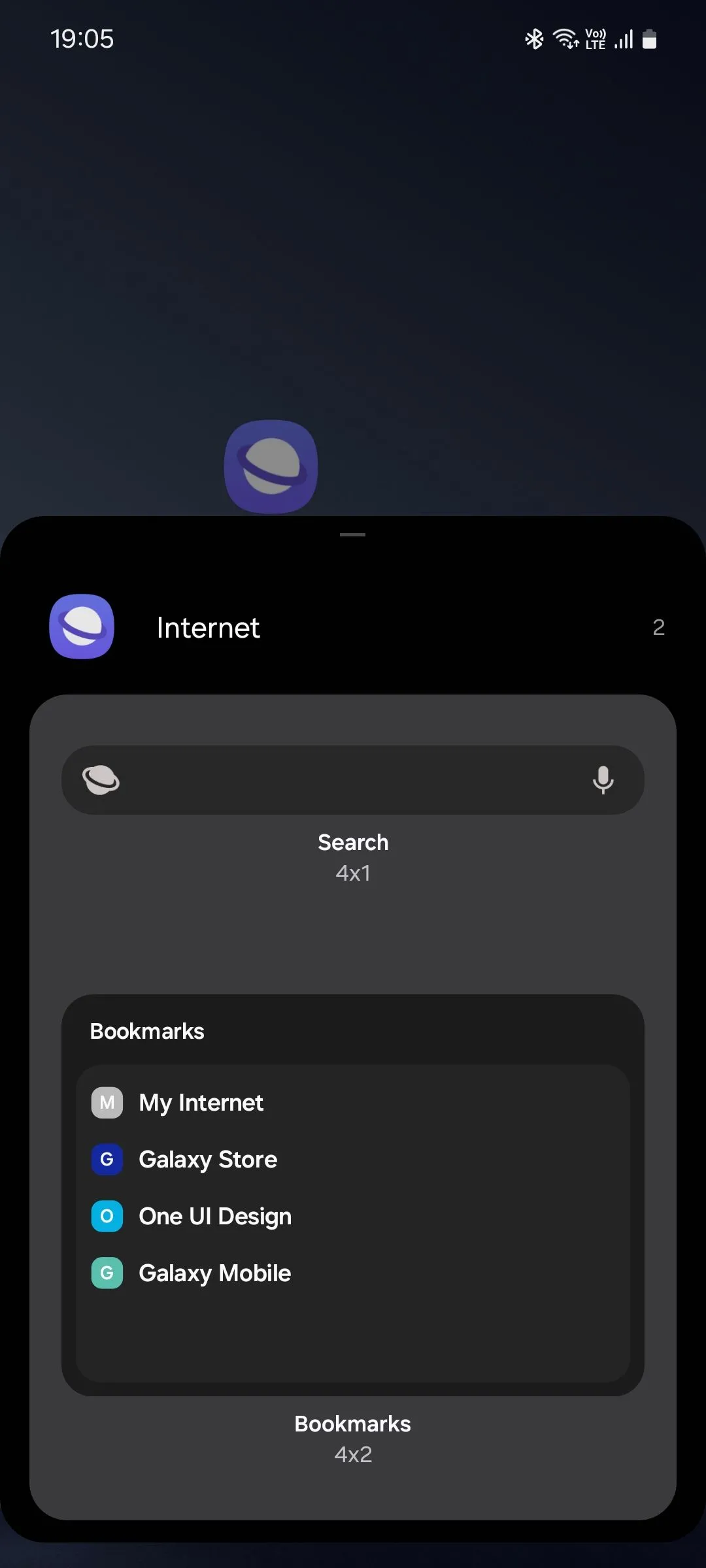 Danh sách các widget có sẵn của trình duyệt Samsung Internet