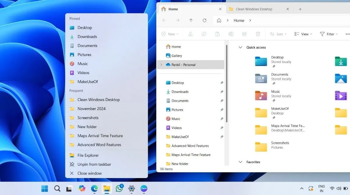 Danh sách Jump List trên Thanh tác vụ và cửa sổ File Explorer đang mở trên desktop Windows
