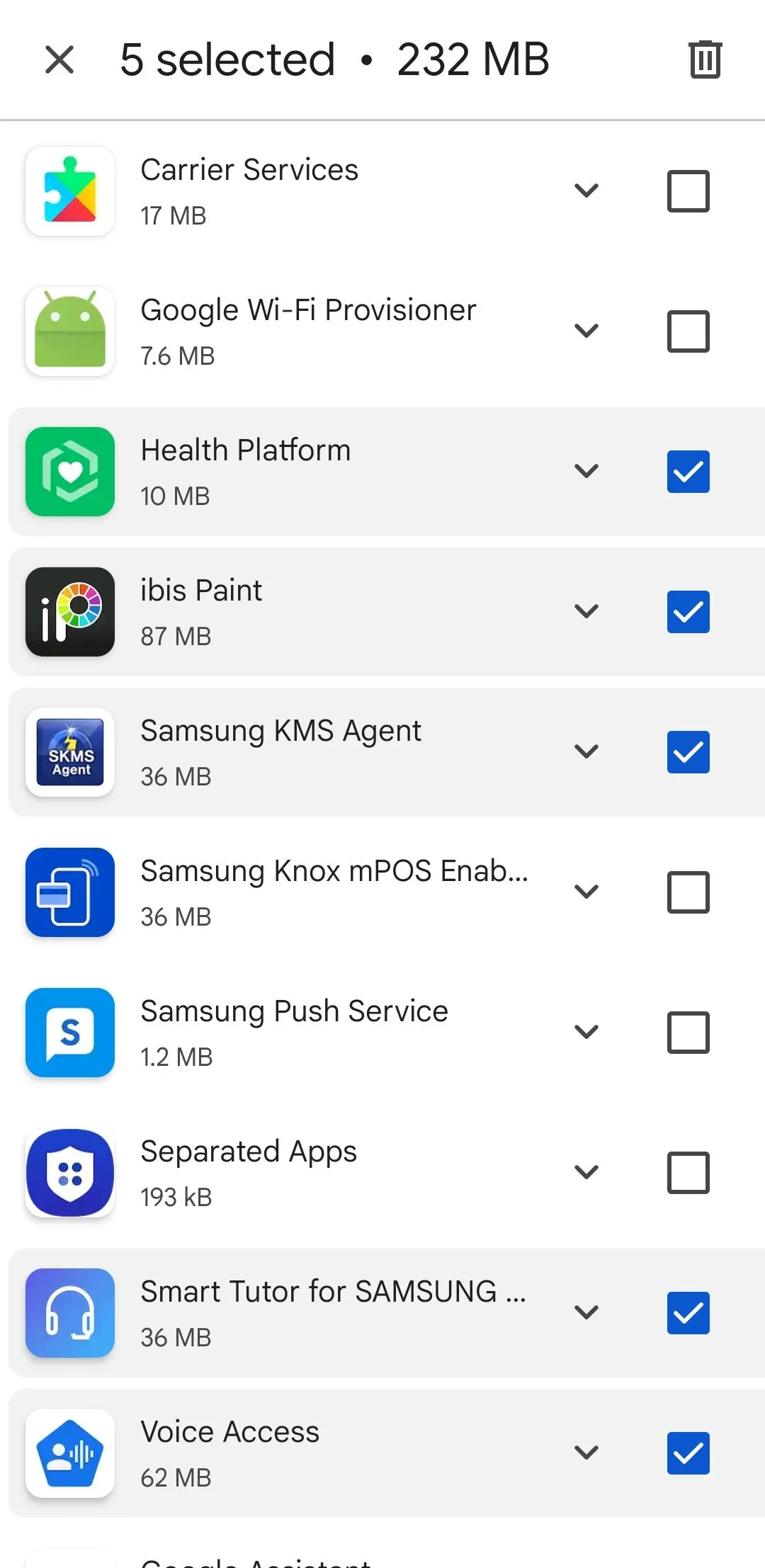Danh sách ứng dụng đã chọn trong tab Quản lý của Google Play Store trên Android để gỡ cài đặt