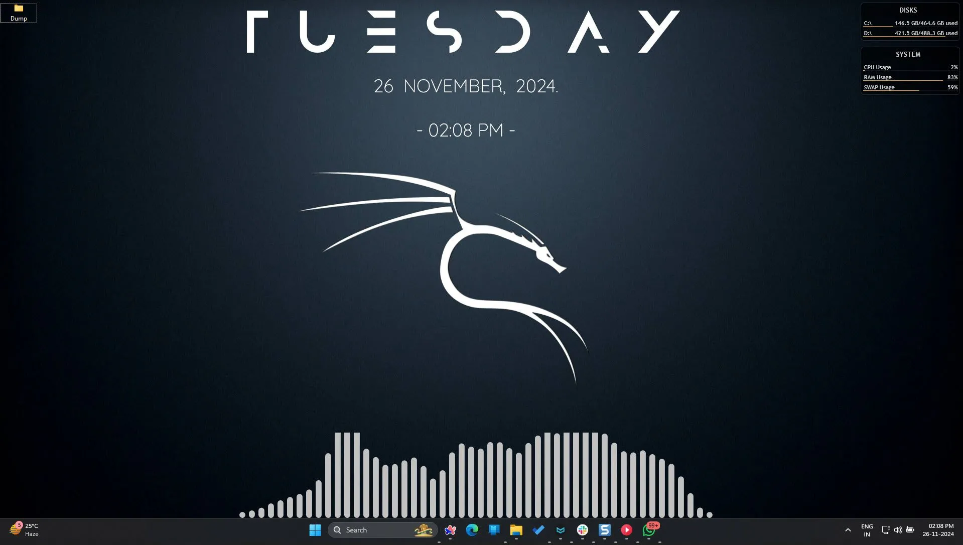 Desktop Windows 11 được tùy chỉnh với các tiện ích của Rainmeter hiển thị thông tin hệ thống và đồng hồ