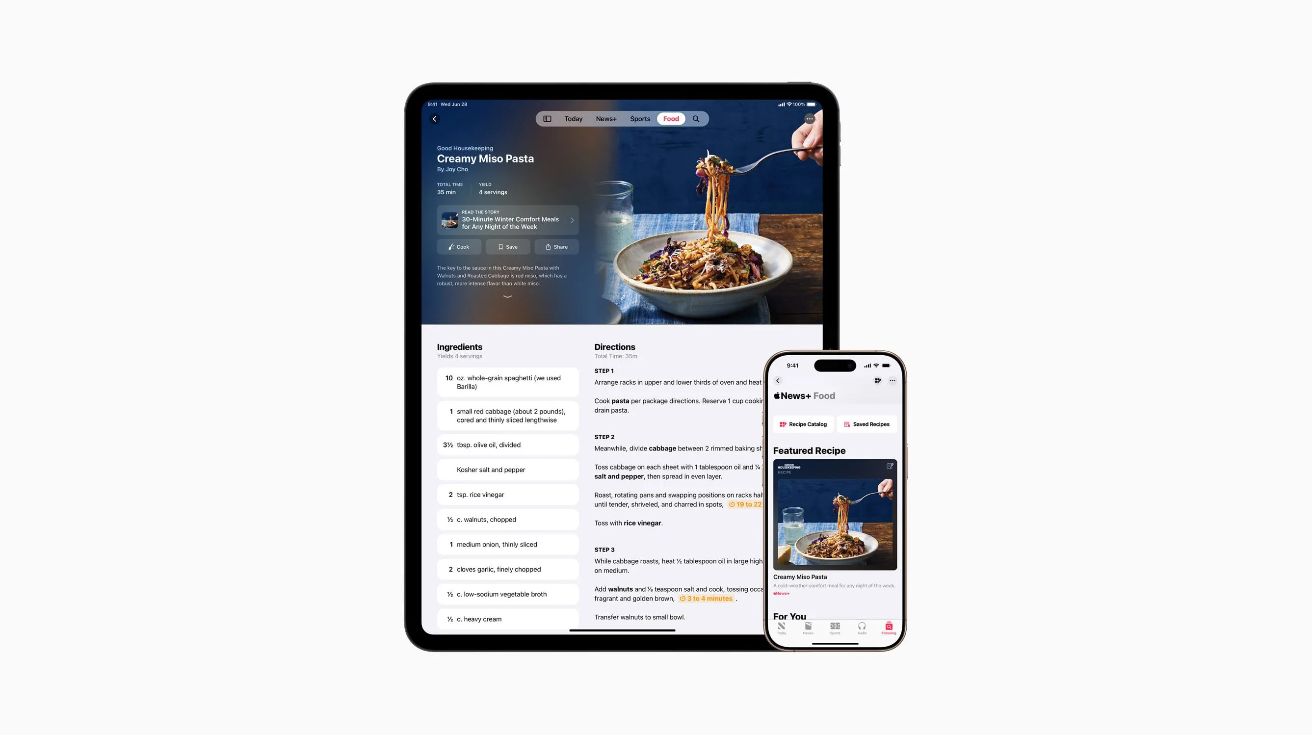 Dịch vụ Apple News+ Food hiển thị các công thức nấu ăn và bài báo ẩm thực trên iPad và iPhone.