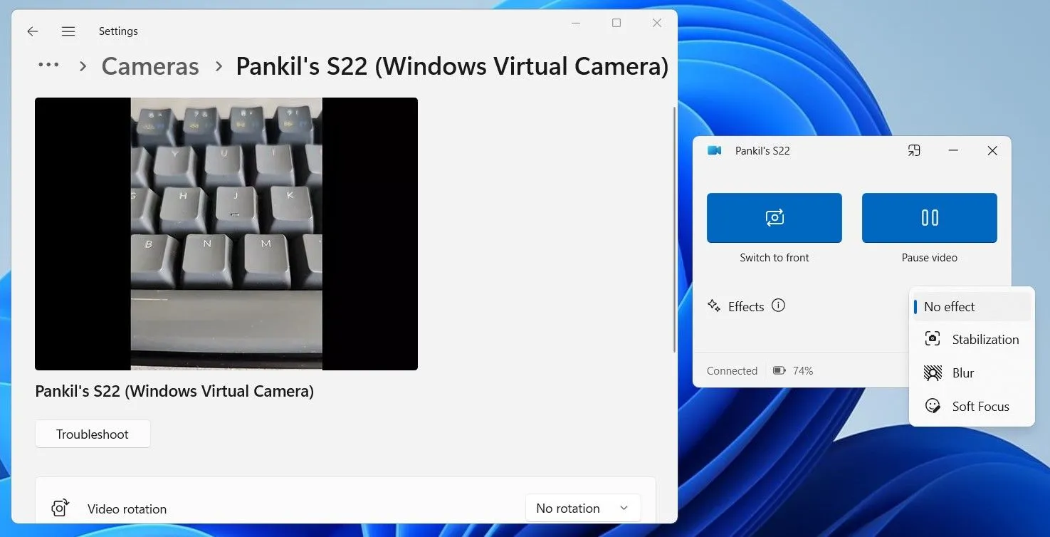 Điện thoại Android kết nối với máy tính Windows 11 qua ứng dụng Phone Link, hoạt động như một webcam